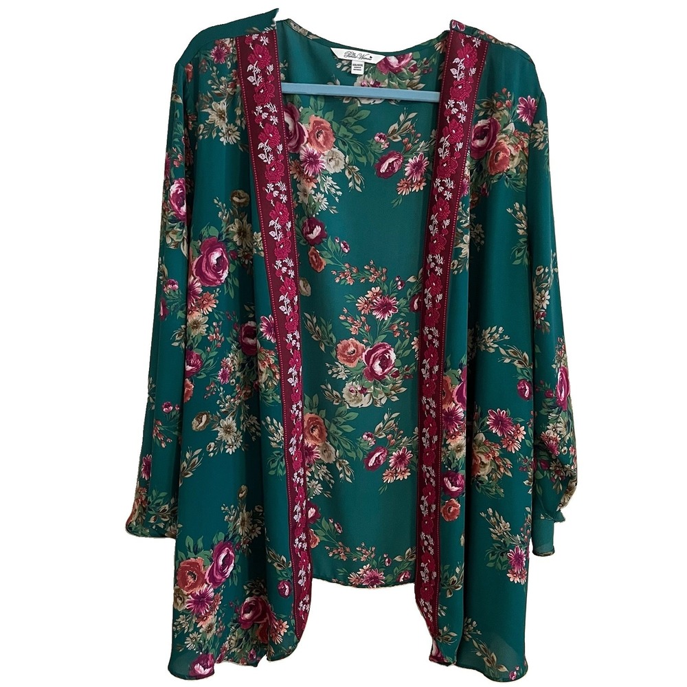 The Pioneer Woman Open Front Green Floral Kimono Lightweight Layer Sz XXL/XXXL